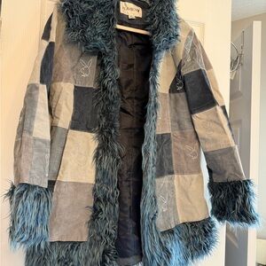 PLAYBOY Blue Faux Fur Jacket penny lane patchwork coat vintage